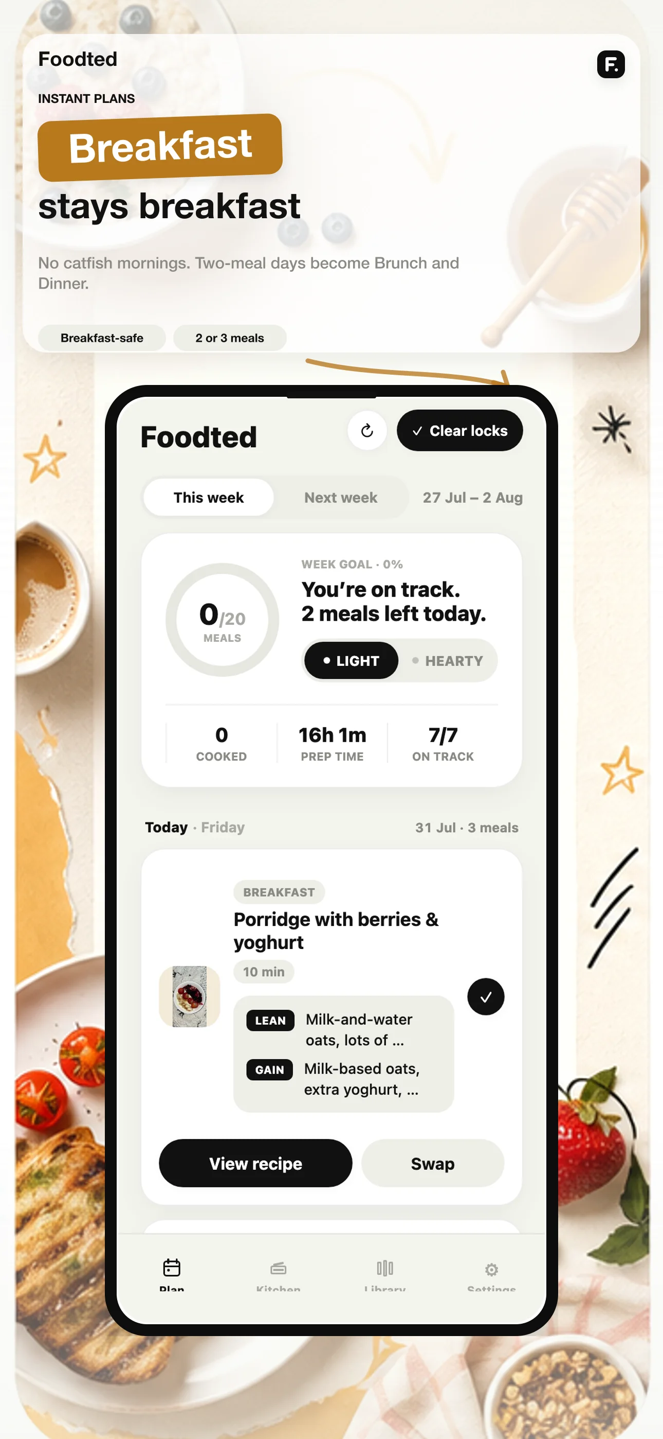Foodted weekly plan with breakfast and meal swap controls