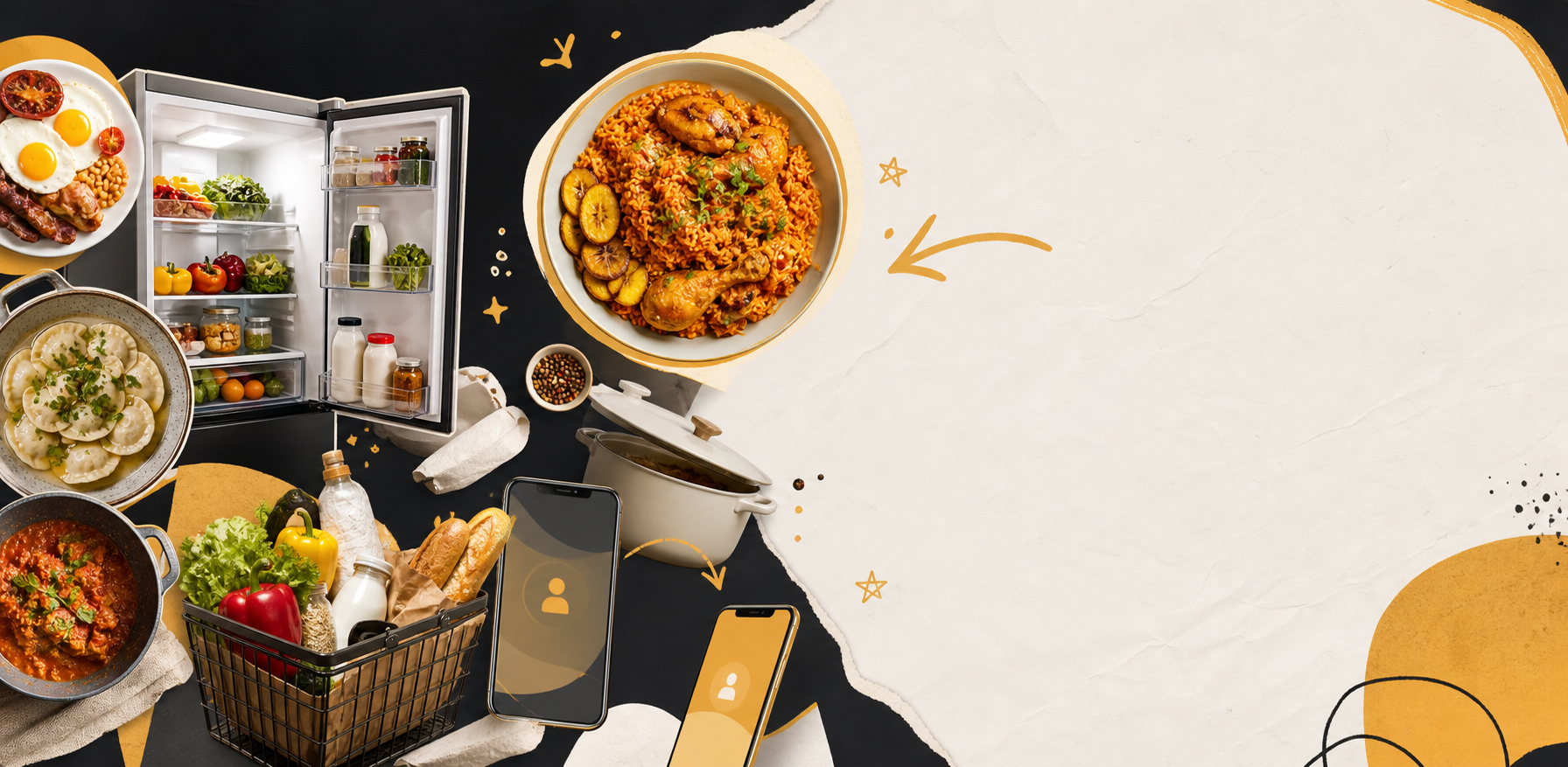 Foodted meal planning artwork with a fridge, market basket, phones, and finished meals